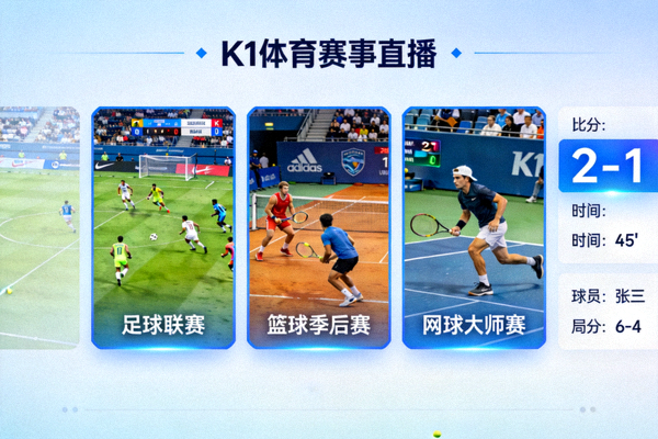k1体育赛事直播界面模拟图，显示多个比赛直播窗口与实时数据